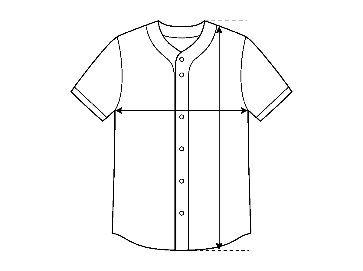 Dibujo de un jersey de beisbol con una flecha horizontal que cruza el pecho de axila a axila y una flecha vertical que va del hombro al bajo
